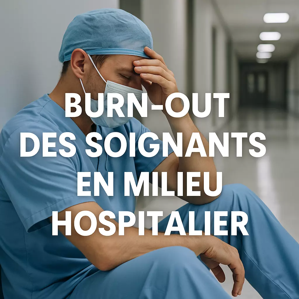 Image illustrant le burn-out des soignants en milieu hospitalier, avec un professionnel de santé épuisé dans un couloir d’hôpital