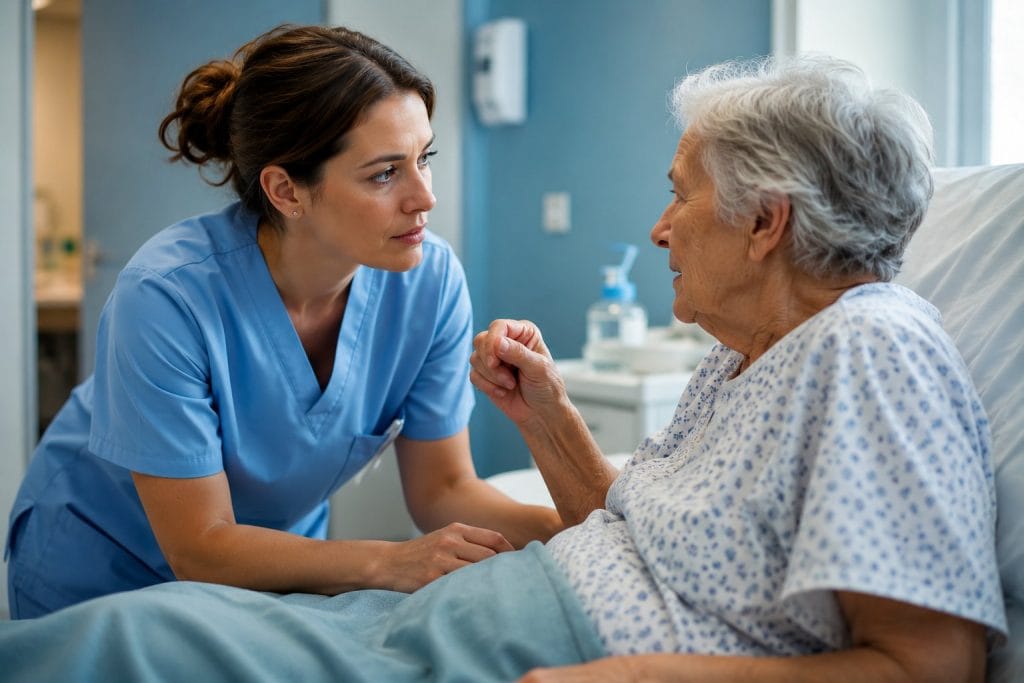 Une infirmière en tenue bleue échange avec une patiente âgée installée dans un lit d’hôpital, dans une chambre lumineuse.