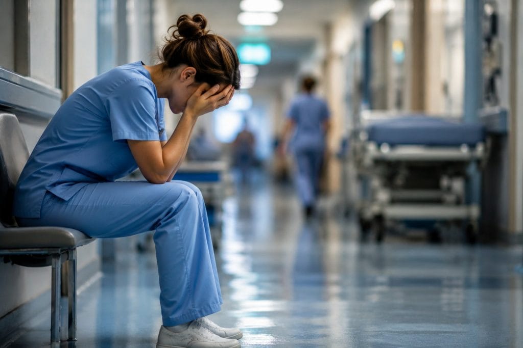 Une soignante en tenue bleue, assise dans un couloir d’hôpital, se tient la tête entre les mains, illustrant la fatigue et la charge émotionnelle du métier