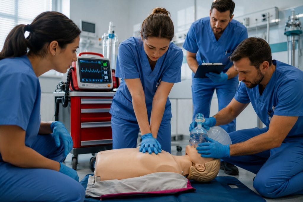 Des professionnels de santé réalisent un exercice de réanimation cardio-pulmonaire sur un mannequin lors d'une formation aux gestes d'urgence.